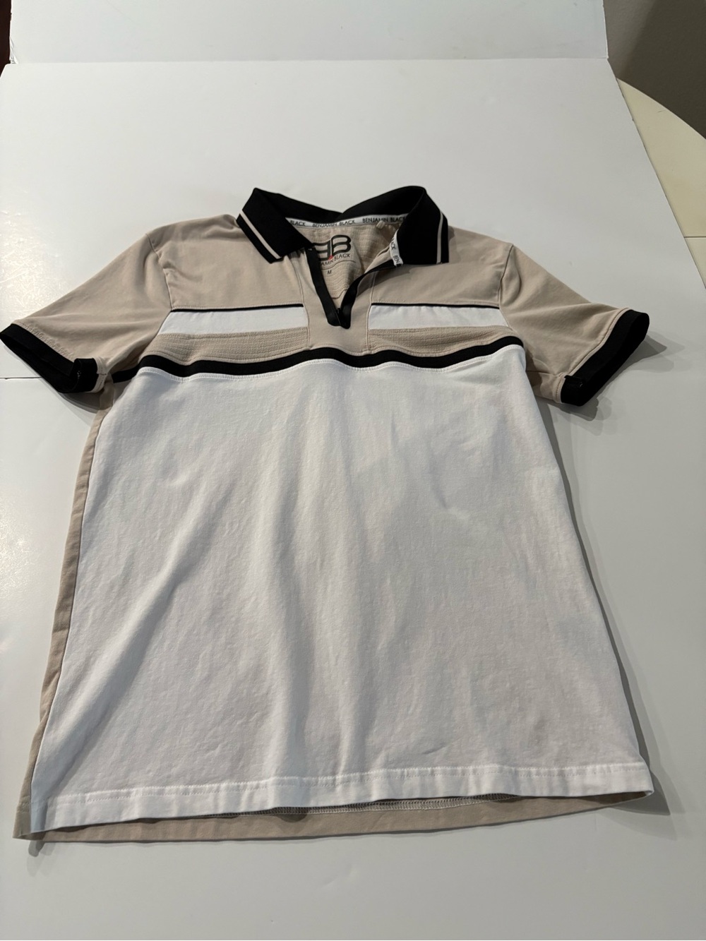 Men's Beige and White Contrast Polo Shirt with Black Trim, Zip Closure, M
